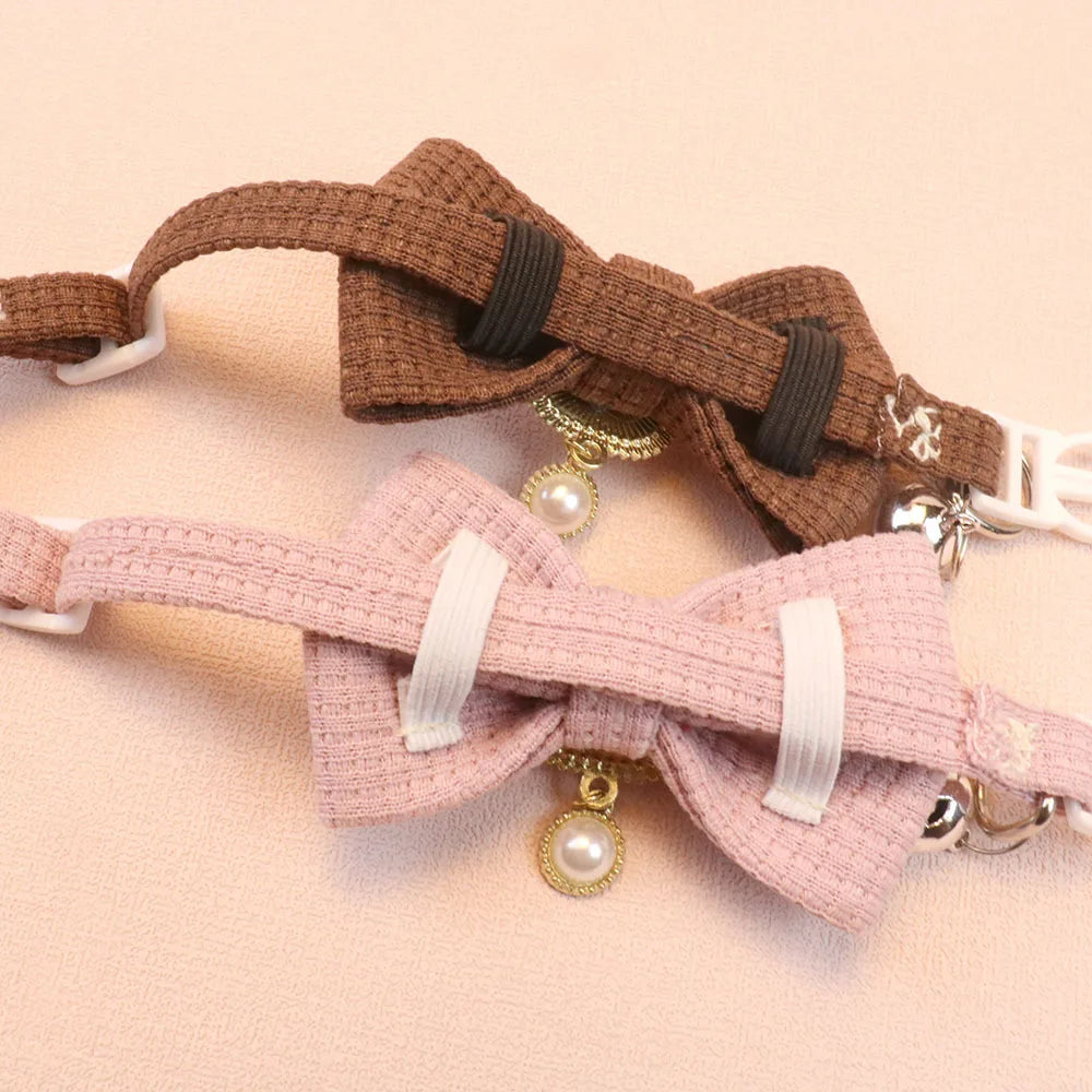 New Waffle Pet, Collar Cute Bow, Bell Cat Collar Retro Pearl Pendant for Cats and Dogs