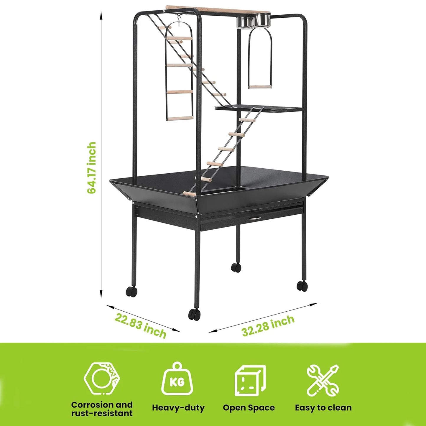 64" Bird Playstand with Wheels, Indoor Outdoor Parrot Activity Center With Perches, Ladders, Storage Shelf & Toy Hooks