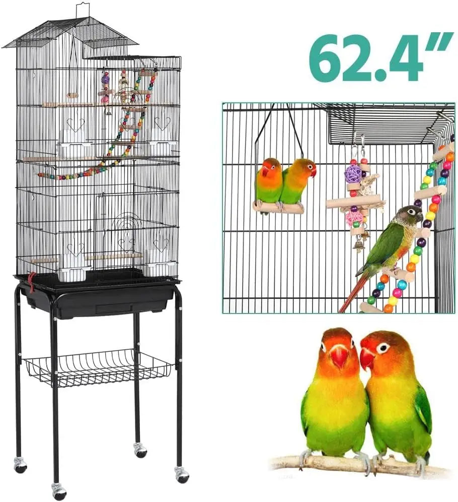 Medium Parrot Cage with Rolling Stand, Safe Design for Small Birds, Easy Assembly and Cleaning