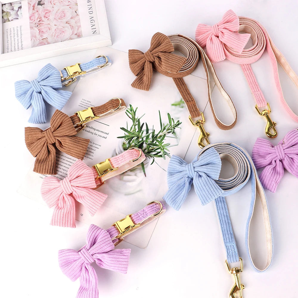 Dog Collar Leash Set Cute Bowknot |  Soft Velvet Pet Necklace Leashes  For Small Medium Dogs