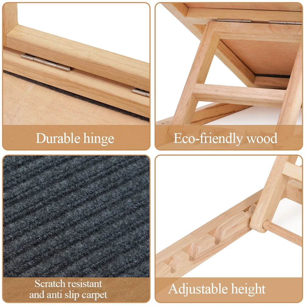 Dog Ramp Ladder Natural Pine Wood | Lightweight Folding |  Anti-skid Adjustable 2 Height Climbing Ladder for Cats, Dogs and small Animals