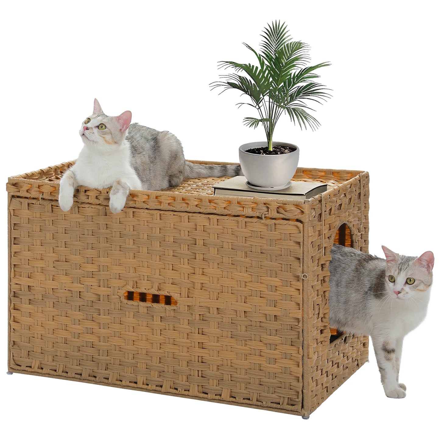 Rattan Cat Litter Box Enclosure with Taller Doorway and Flip-Up Design | More Space Raised Edge Mat | Cat House Cabinet Furniture