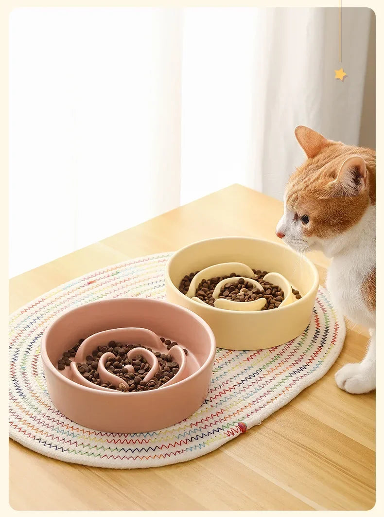 Ceramic Cat Dog Bowl, Ideal for Small and Medium-Sized Dogs, Slow Feeder Anti-Choking