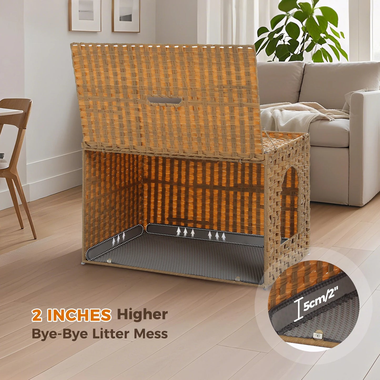 Rattan Cat Litter Box Enclosure with Taller Doorway and Flip-Up Design | More Space Raised Edge Mat | Cat House Cabinet Furniture