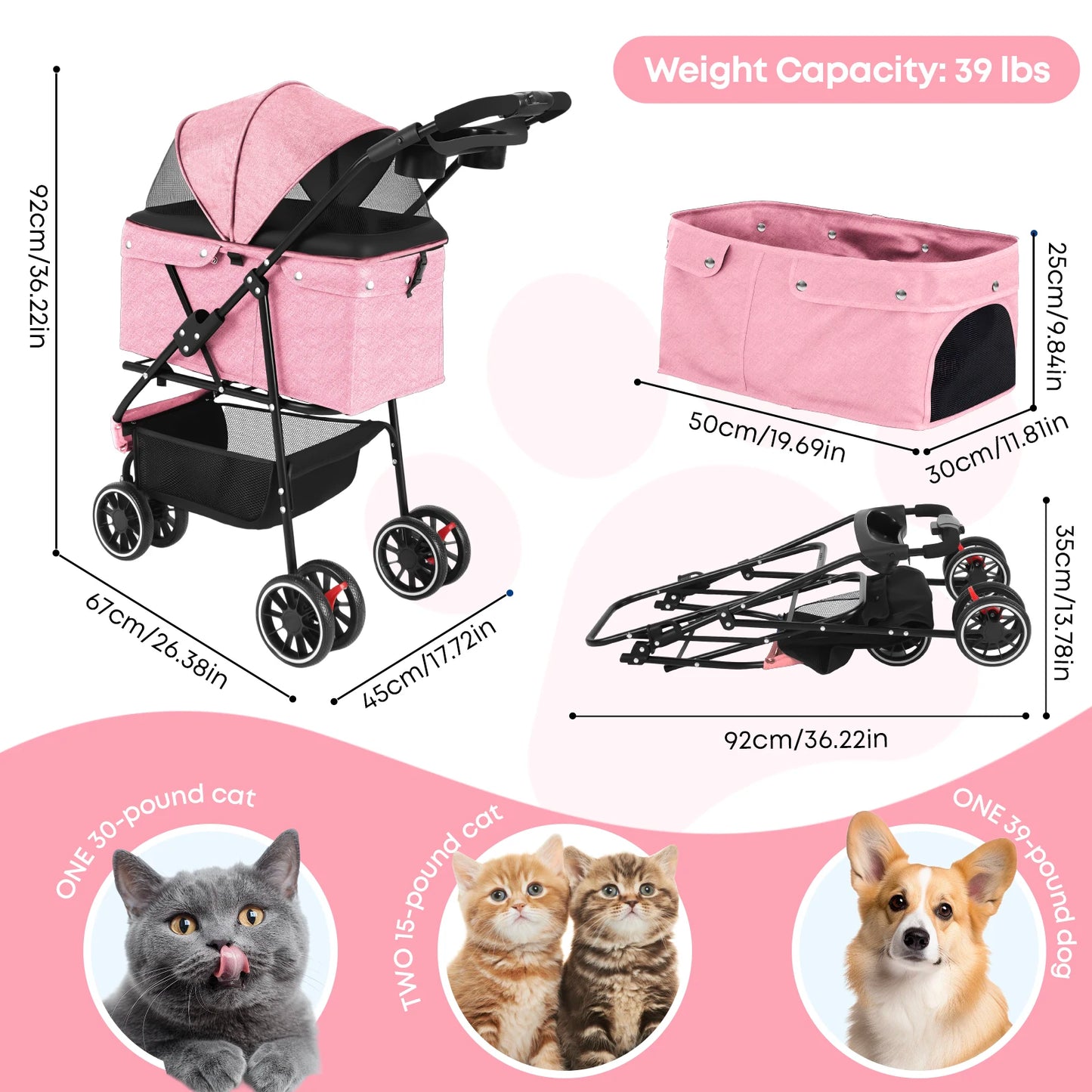 Pet Stroller For Small Puppy Dogs & Cats Travel Portable, Foldable Carrier
