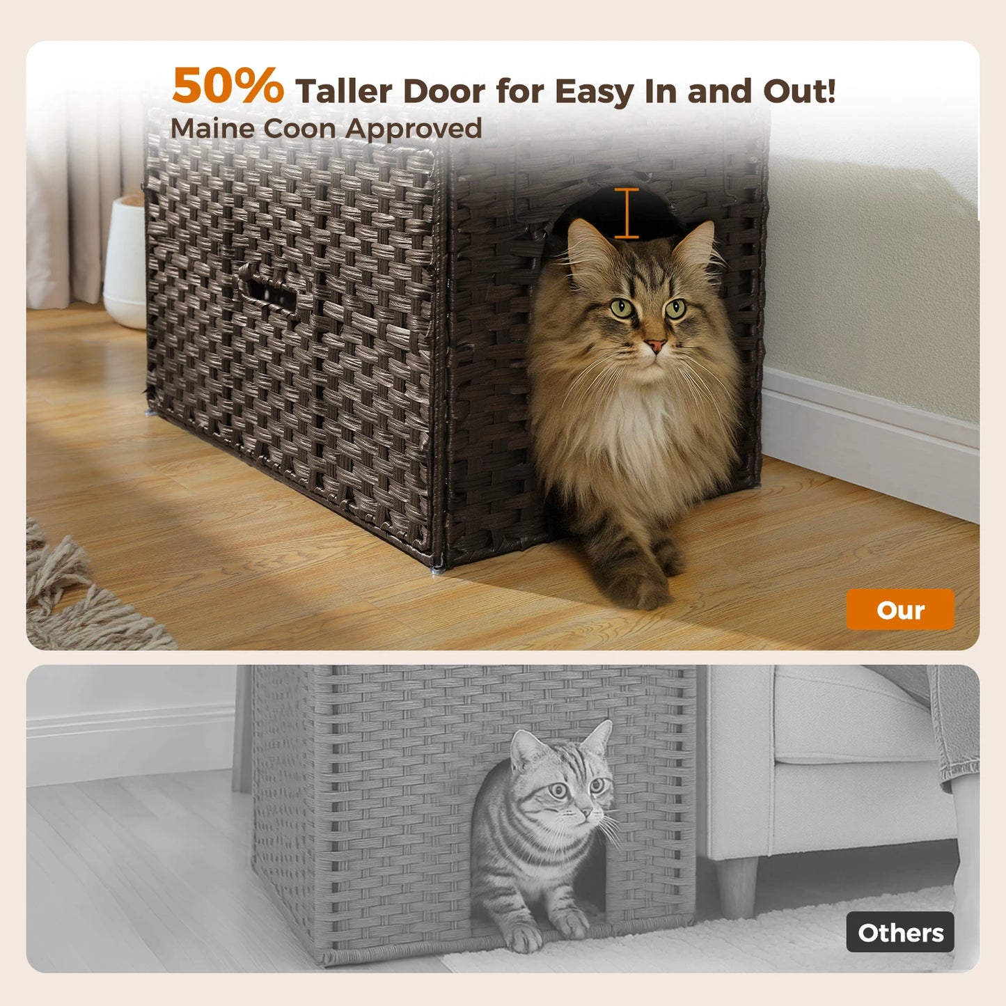 Rattan Cat Litter Box Enclosure with Taller Doorway and Flip-Up Design | More Space Raised Edge Mat | Cat House Cabinet Furniture