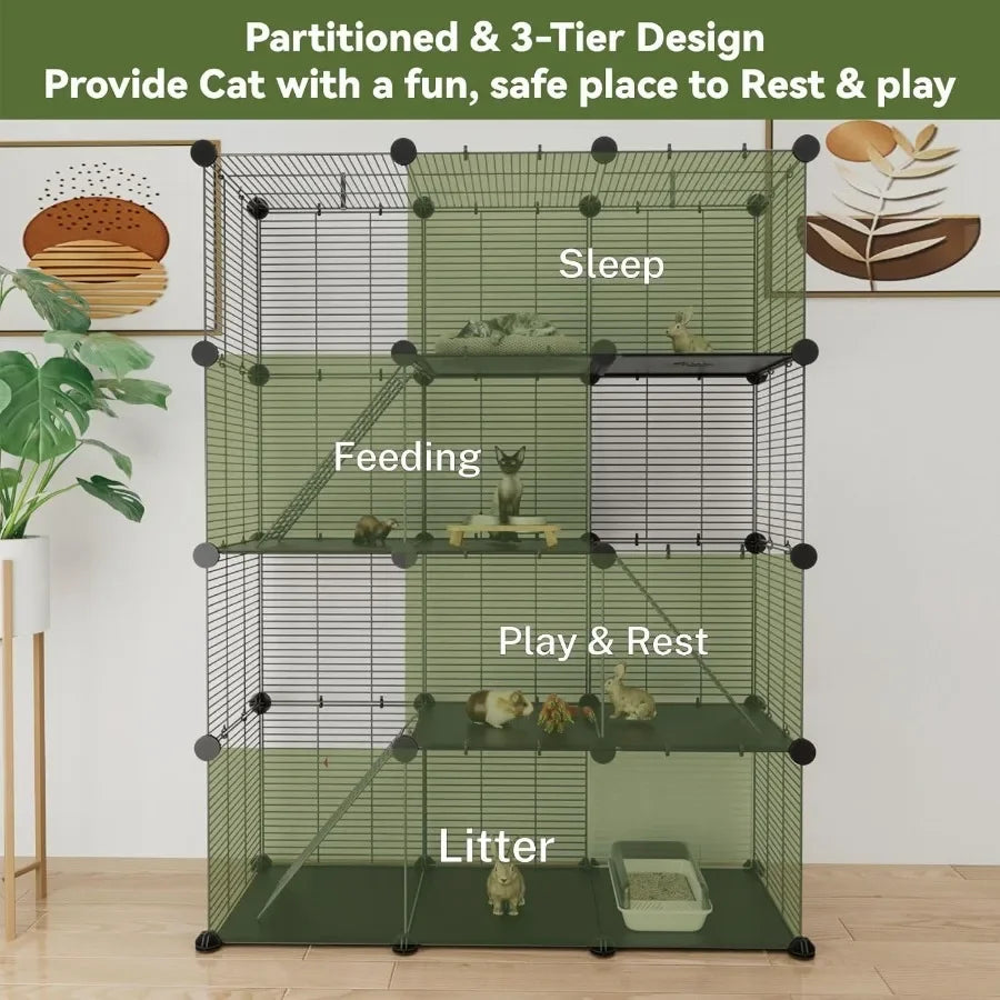 3 Tier Indoor Large Wire Cat Cage with DIY Playpen Design for 12 Cats Kittens, Guinea Pigs, Ferrets, Chinchillas and Rabbits