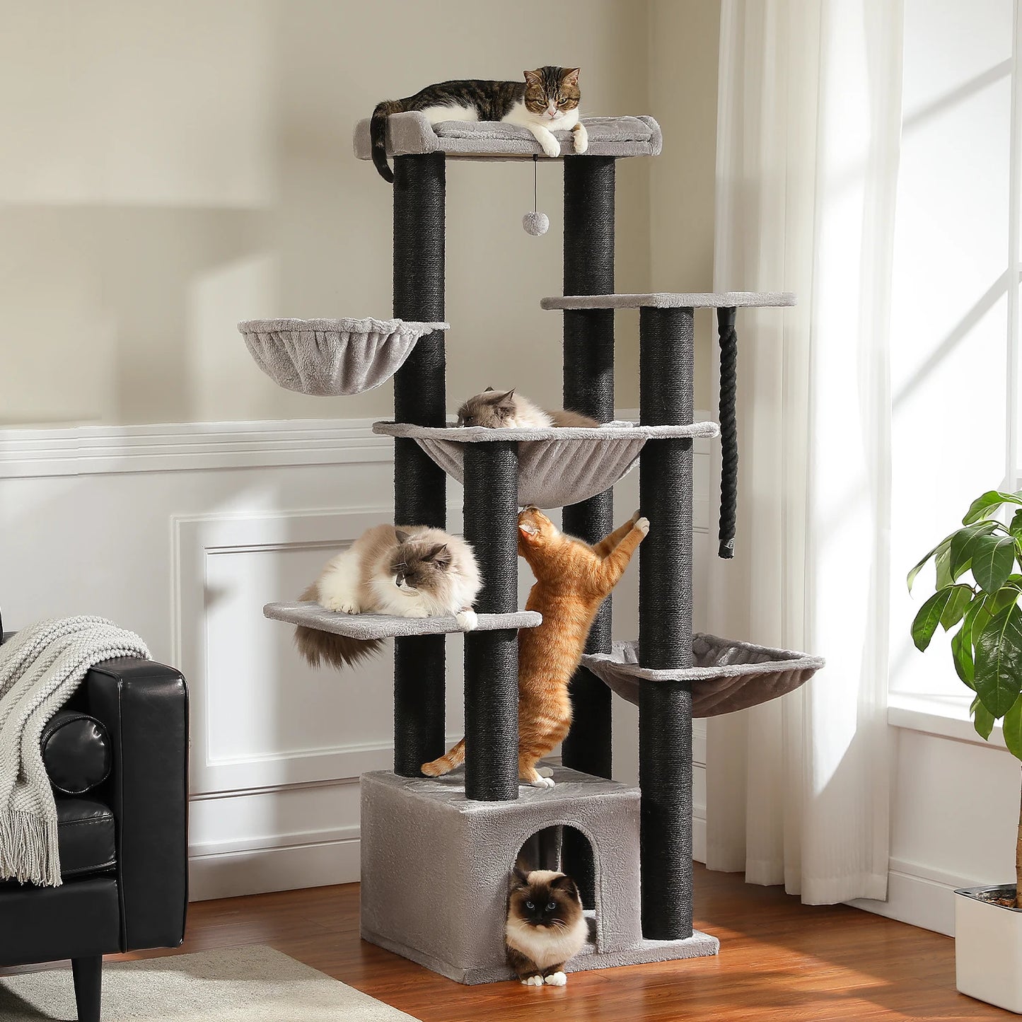 Large Tree Robust Cat Tower with Several Levels| Cat House Climbing Tree with Hammock 11 Sisal Posts  Perch