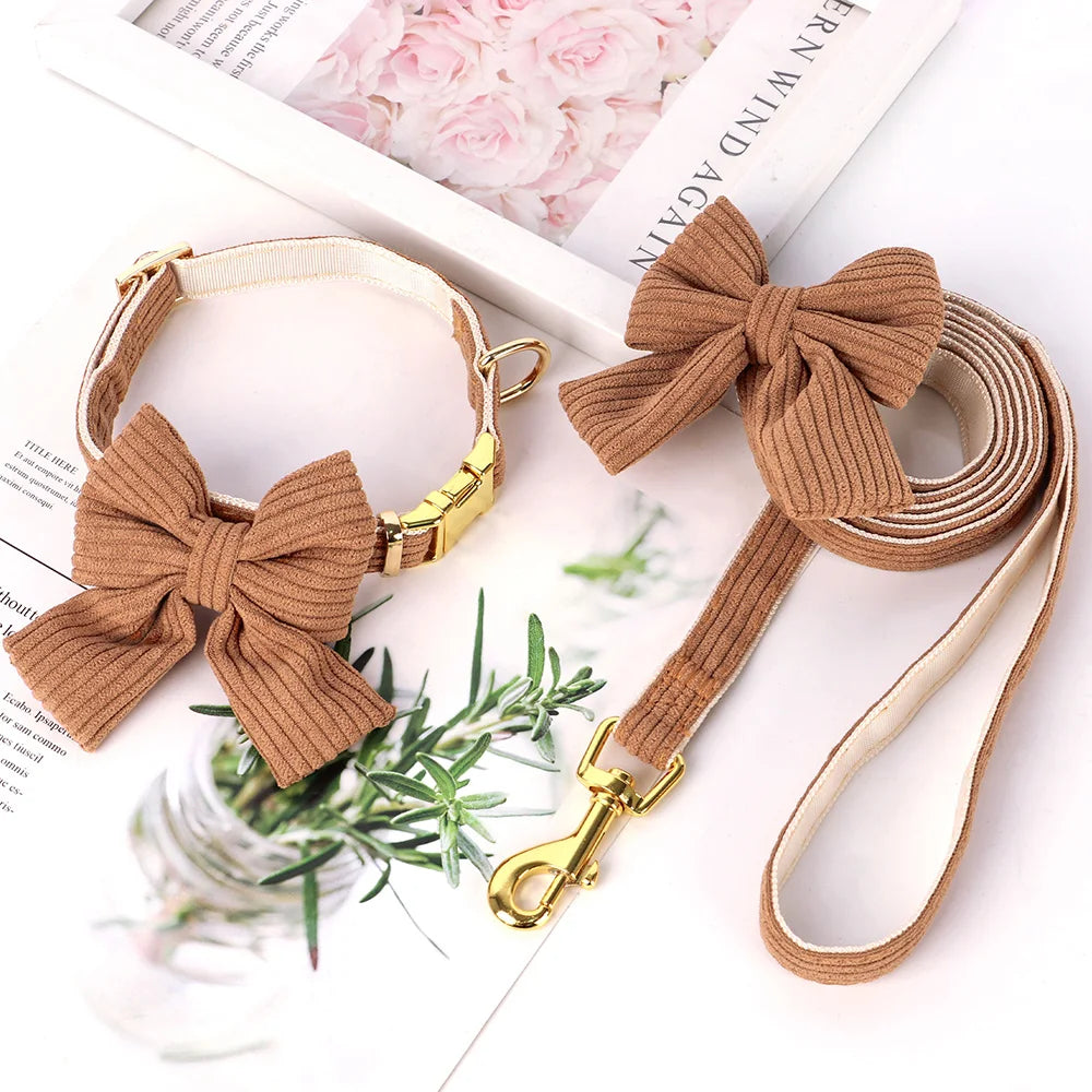 Dog Collar Leash Set Cute Bowknot |  Soft Velvet Pet Necklace Leashes  For Small Medium Dogs