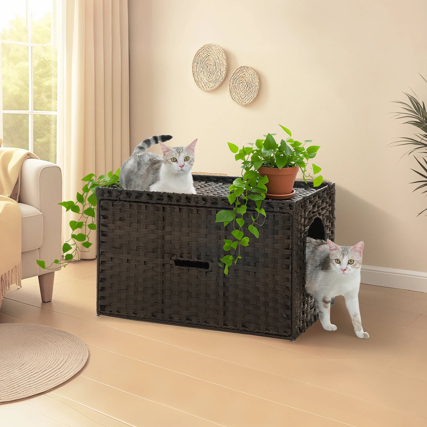 Rattan Cat Litter Box Enclosure with Taller Doorway and Flip-Up Design | More Space Raised Edge Mat | Cat House Cabinet Furniture