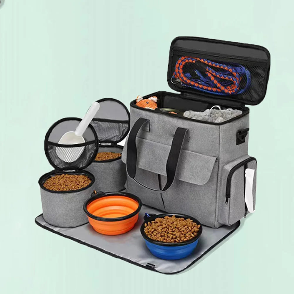Dog and Cat Travel Backpack  Organizer for Week Away/Overnight, w/ 2 Food Bags 1 Waterproof Placemat 2 Foldable Bowls