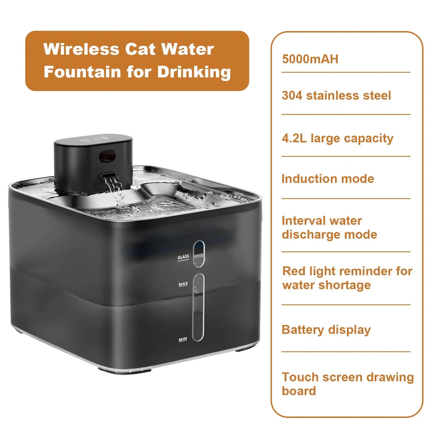 Wireless Water Fountain 5000mAh Rechargeable 304 Stainless Steel Quiet Automatic Induction Pet Water Dispenser For Cats Dogs