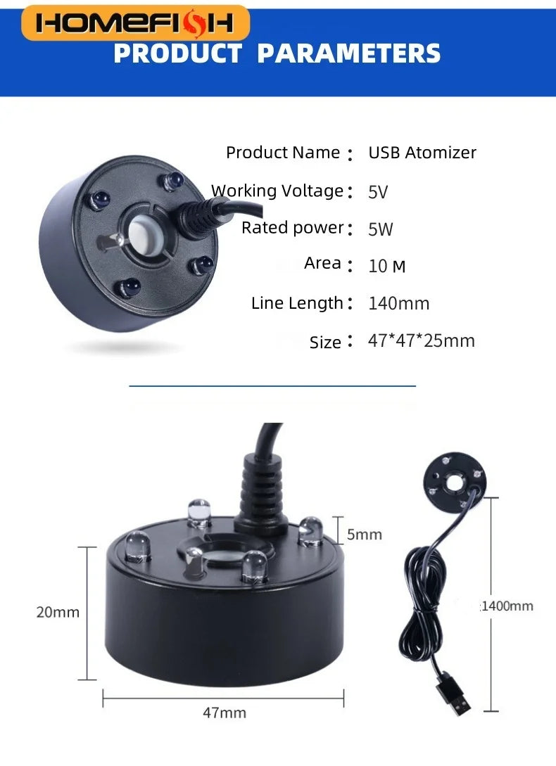 5V USB Mist Maker, Fogger, Nebulizer Water Fountain | Fish Tank Pond Atomizer Head With 4 LED Colorful Lights