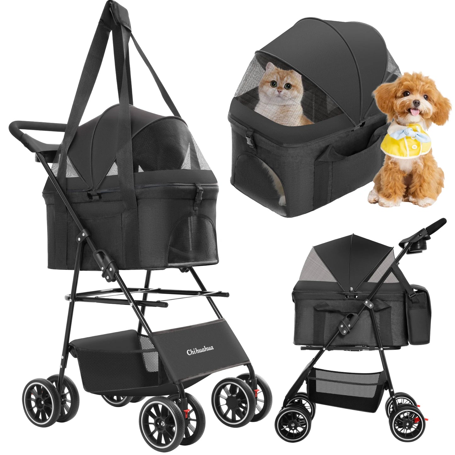 Pet Stroller with Canopy 4 Wheels | Strolling Cart for Small/Medium Dogs and Cats with Removable Carrier Breathable Mesh